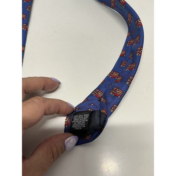 Men's Tie Novelty Beaufort 100% Silk Italy Blue w/ Red Double Decker‎ Bus - Picture 4 of 5